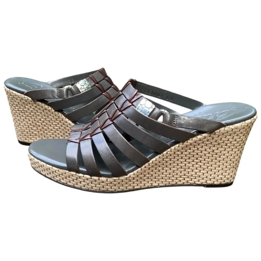 Brighton Denali Wedge Slide Sandal Women’s Size 8 Gray Brown Strappy Leather